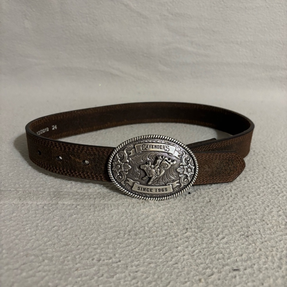 Cavenders Boys Brown Leather Western Belt with Decorative Silver Buckle size 24